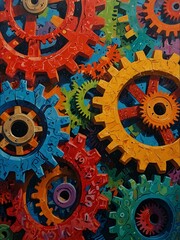 Wall Mural - A vibrant painting of interconnected gears bursting with color.