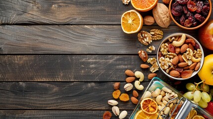 Poster - A vibrant display of dried fruits and mixed nuts arranged on a wooden surface, perfect for a nutritious snack at any time. Generative AI