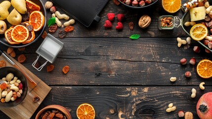 Poster - Colorful dried fruits and nuts are arranged on a wooden table, offering a healthy energy snack option perfect for any time. Generative AI