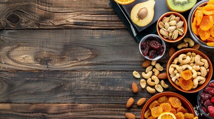 Poster - A vibrant assortment of dried fruits and nuts is thoughtfully arranged on a rustic wooden surface, ready for healthy snacking. Generative AI
