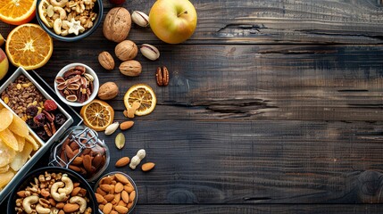 Poster - An assortment of dried fruits, nuts, and seeds displayed on a wooden table, providing a wholesome snack option for any time of day. Generative AI