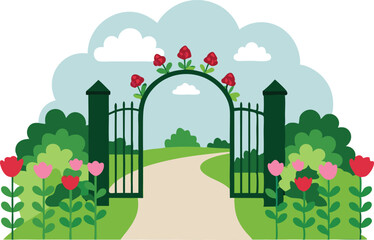 Garden entrance with flowers and greenery, illustrated in a bright and colorful cartoon style