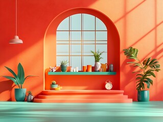 Poster - Dramatic red backdrop 3D studio setting with a detailed product display podium showcasing strong shadows and bold lighting  creating a sleek and contemporary commercial scene