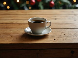 Wall Mural - A wooden table view with coffee cups and a beige coaster, capturing a Christmas theme.