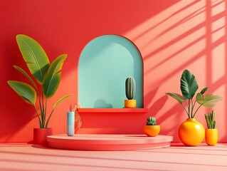 Poster - Dramatic 3D Product Display Podium Mockup in Bold Red Background with Strong Shadows and Dramatic Lighting in a Studio Setting