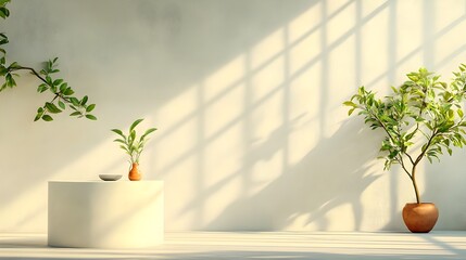 Poster - Minimalist 3D studio room with empty floor and wall striped background and shadow overlay from window casting warm golden sunlight onto a product podium or display platform