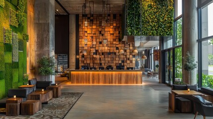 Wall Mural - a green certified hotel lobby with walls covered in sustainable wood and energy-efficient lighting