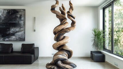 Wall Mural - a large, floor-standing sculpture made from twisted and painted driftwood, resembling a tall, abstra