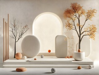 Poster - Minimalist 3D studio setup featuring marble textured walls and floor with a podium and various objects arranged in a clean harmonious composition  Subtle window lighting casts soft shadows