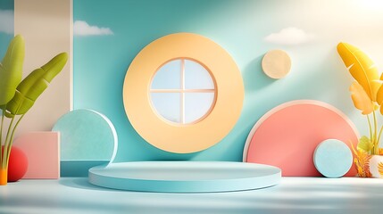 Poster - Minimalist and clean studio display backdrop with geometric shapes patterns and a bright sunlight overlay on the countertop