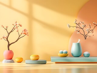 Poster - Minimalist 3D studio showcase featuring a solid yellow backdrop  empty floor and wall  a product podium  and soft window shadow on the counter  The scene creates a clean  elegant