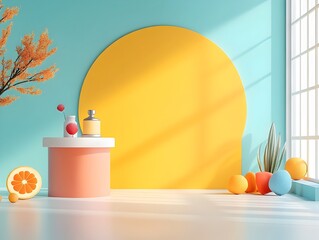 Poster - Minimalist 3D product showcase in a clean studio setting with a solid yellow backdrop empty floor and wall product podium soft window shadow on counter and natural lighting for a simple modern
