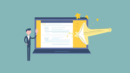 Poster - Man Promoting Online Solutions with Laptop and Megaphone, Concept Vector for Digital Marketing and Business Communication