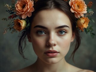 Wall Mural - Abstract portrait of a young woman with floral decoration.