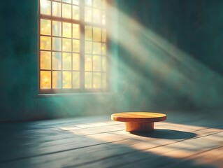 Poster - Minimalist 3D studio scene with empty room product display pedestal and soft shadow gradient from natural window lighting creating a clean contemporary