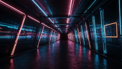 Wall Mural - Abstract tunnel of neon lights.