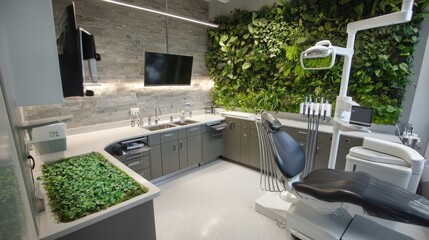 Wall Mural - a modern dentist office with countertops made from recycled materials and a green living wall