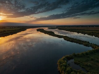 Wall Mural - Aerial Sunset View Over Calm River.