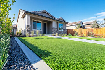 Traditional beach home front yard features artificial grass lawn. Synthetic turf. 