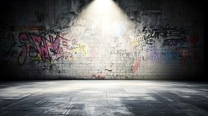Poster - A spotlight shines on a graffiti covered brick wall in a dark, empty space.