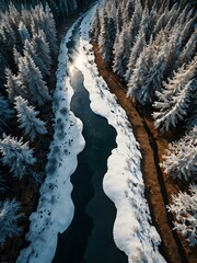 Wall Mural - Aerial view of a winter forest landscape with a frozen river.