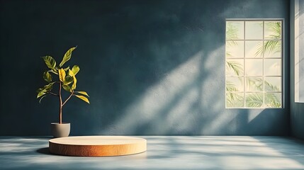 Poster - Minimalist 3D studio room with sleek black background empty floor and wall product podium shadow overlay from window to countertop clean sunlight and bright