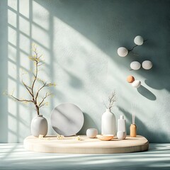 Aufkleber - Minimal 3D studio scene with a vacant gray backdrop wall and floor featuring a wooden product display podium positioned in soft diffused daylight with subtle shadows from the window lighting