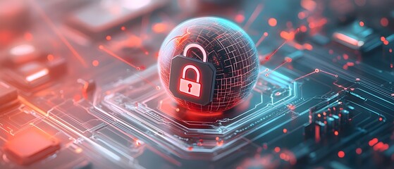 Poster - Secure worldwide data networks with locked down global connectivity featuring a padlock graphic on a spherical holographic planet against a backdrop of sleek circuit board patterns