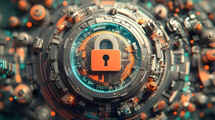 Poster - Secure digital infrastructure with padlock icon on a world globe surrounded by intricate mechanical details futuristic technological elements and a minimalist sleek design in a digital style