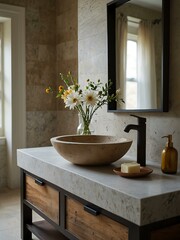 Wall Mural - Bathroom featuring a stone sink with a flower vase.