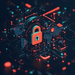 Aufkleber - Secure Digital Network with Padlock Icon on Holographic World Map Complex Circuitry and Microchips Dynamic Neon lit Display Modern and Streamlined Elegant Scientific and Luminescent