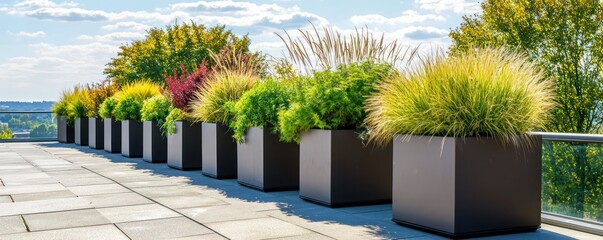 Wall Mural - a series of sleek, modern planters lined up along the edge of a rooftop terrace, each containing a d