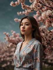 Wall Mural - Beautiful woman surrounded by cherry blossoms in digital art.