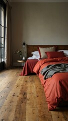 Wall Mural - Bedroom with wooden floors and red bedding