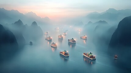 Poster - Sleek and Streamlined Silhouettes of Cargo Container Ships Seamlessly Gliding Across Vast Oceans Powered by Advanced AI Driven Navigation Systems and Cutting Edge Green Propulsion Technologies