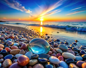 Sticker - A tranquil beach at sunset with colorful pebbles and a glass orb reflecting light. Generative AI