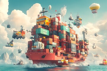 Poster - Autonomous container ships powered by cutting edge renewable energy technologies navigating a dynamic global logistics network with real time data overlays tracking international trade flows and
