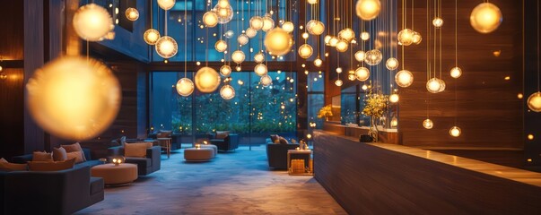 Wall Mural - a stylish boutique hotel lobby with an art installation of floating lights that gently move with air