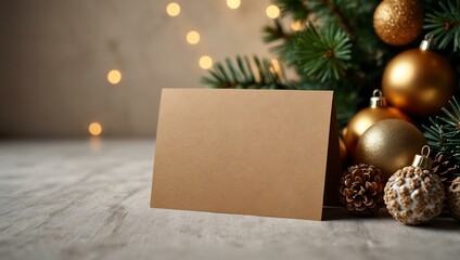 Wall Mural - Blank card and Christmas decor on a light background.