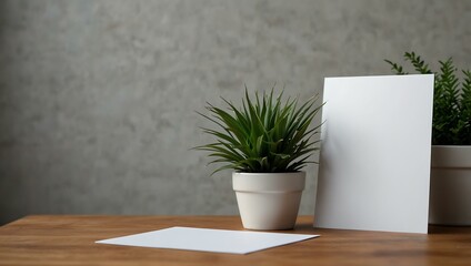 Wall Mural - Blank white card on a modern office desk with plants.