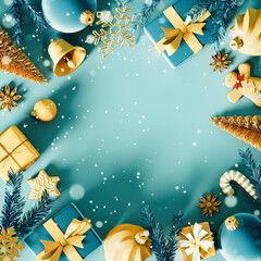 Wall Mural - beautiful christmas scene with gift boxes and copy space on blue background. beige and blue christma