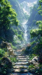 Poster - Lush Waterfall Path in a Tropical Rainforest