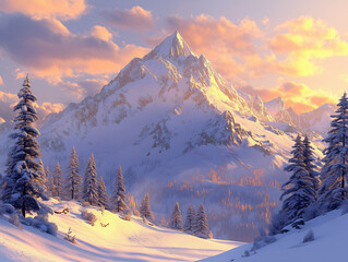 Canvas Print - Winter's Silence: Snow-Covered Mountain with Pine Trees Dusted in Frost