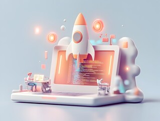 Poster - Cutting edge 3D visualization depicting a laptop with a rocket icon software developers coding an innovative workflow pulsing neon color scheme