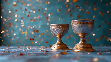 Two golden chalices with ornate designs on a blue background with falling confetti.