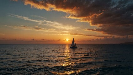 Wall Mural - Boat on the ocean during sunset.