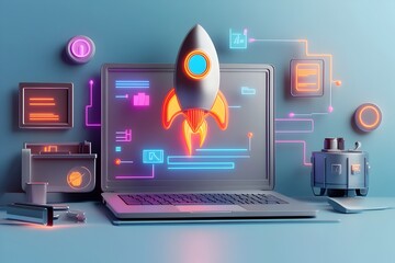 Poster - Innovative 3D rendered startup scene showcasing a sleek silver laptop rocket style software symbol digital software development workstation and vibrant neon blue and purple lighting