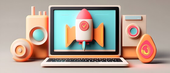 Poster - Speculative 3D rendered startup workspace featuring a state of the art laptop display presenting a rocket themed icon