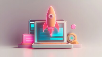 Poster - Innovative 3D startup visualization featuring a laptop with a rocket icon showcasing a futuristic programming workflow vibrant neon color palette and a sleek dynamic design