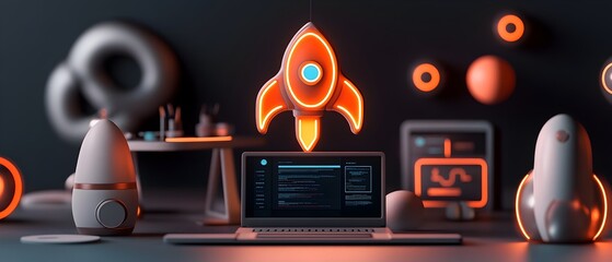 Poster - Visionary 3D Modeled Startup Concept Showcasing an Innovative Laptop Bold Rocket Inspired Icon and Futuristic Software Development Workspace Bathed in Radiant Neon Lighting with a Sleek